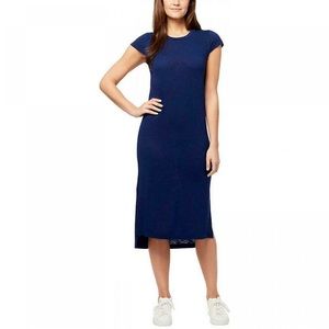 Jessica Simpson Women's Cap Sleeve Side Slit Midi Navy Crew Neck Dress.